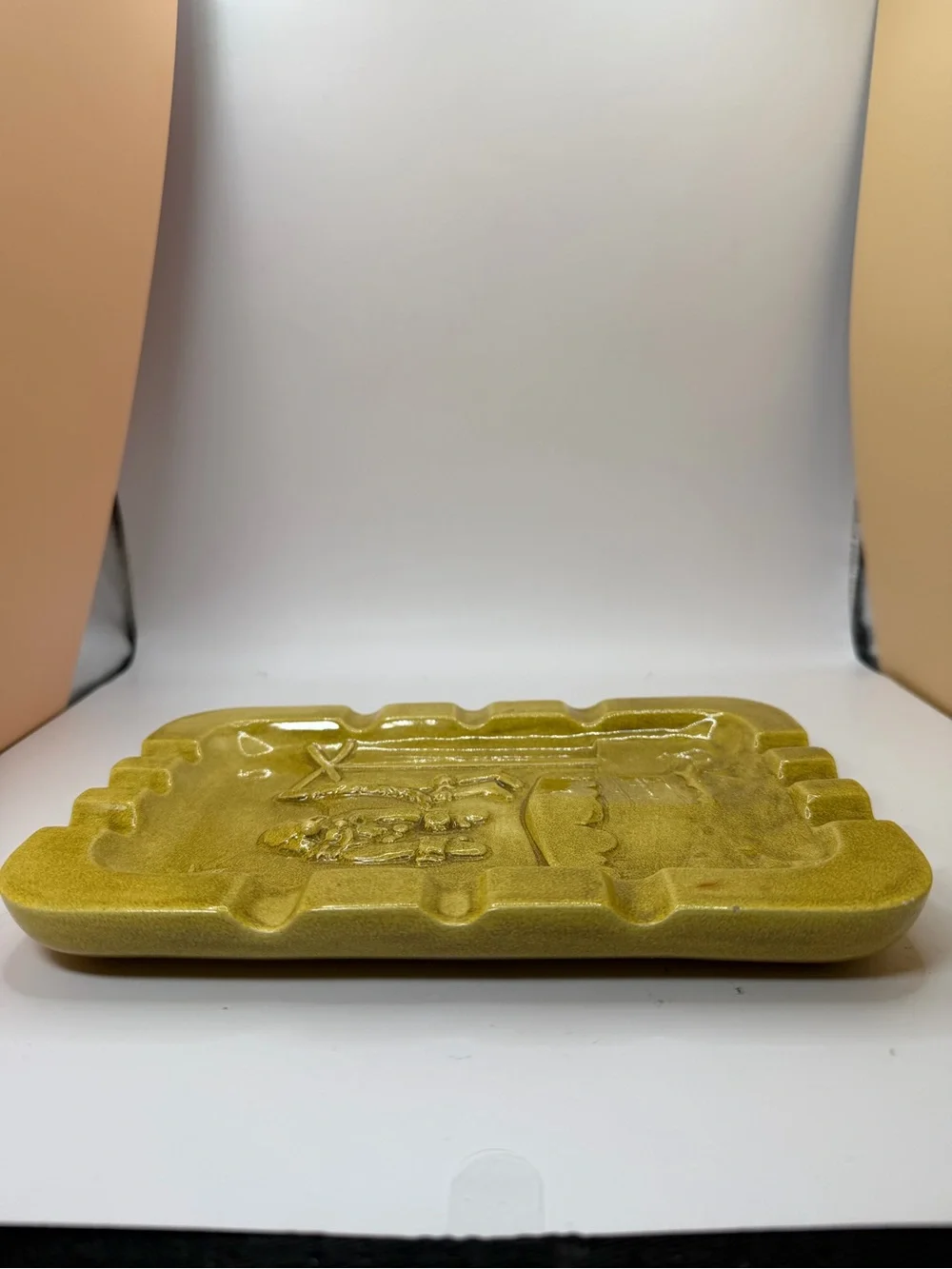 Vintage Mustard Yellow/Charteuse Ceramic Ashtray/Trinket Dish. Christmas Motif.